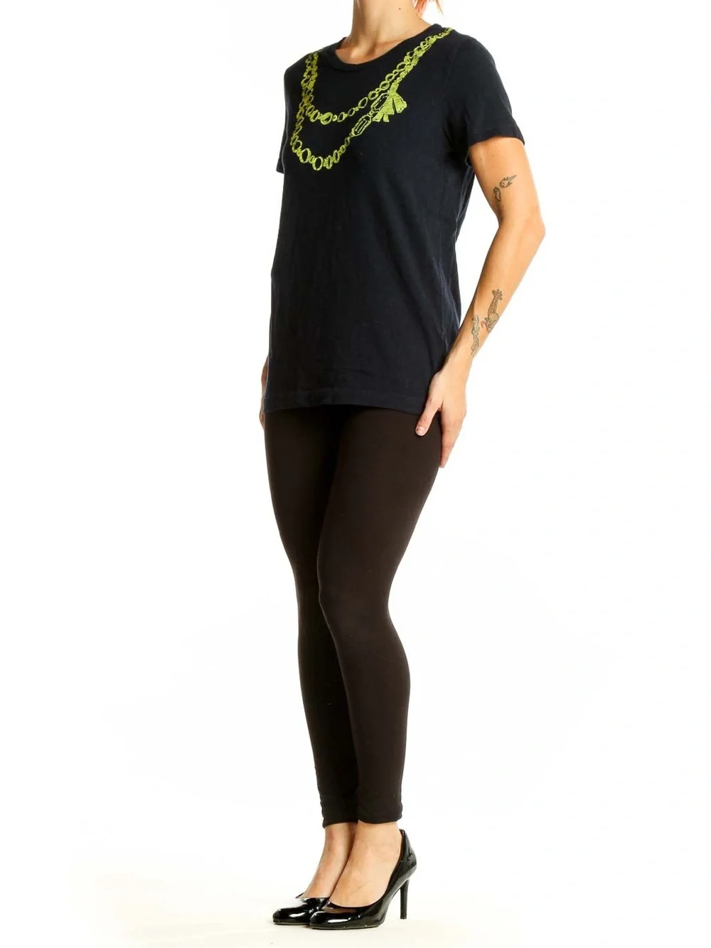 J. Crew Navy Blue Graphic Chain Necklace T-Shirt Size Small | Short Sleeve Tee